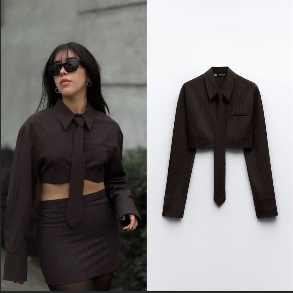 Zara Dark Brown Pinstripe Cropped Tie-Front Shirt